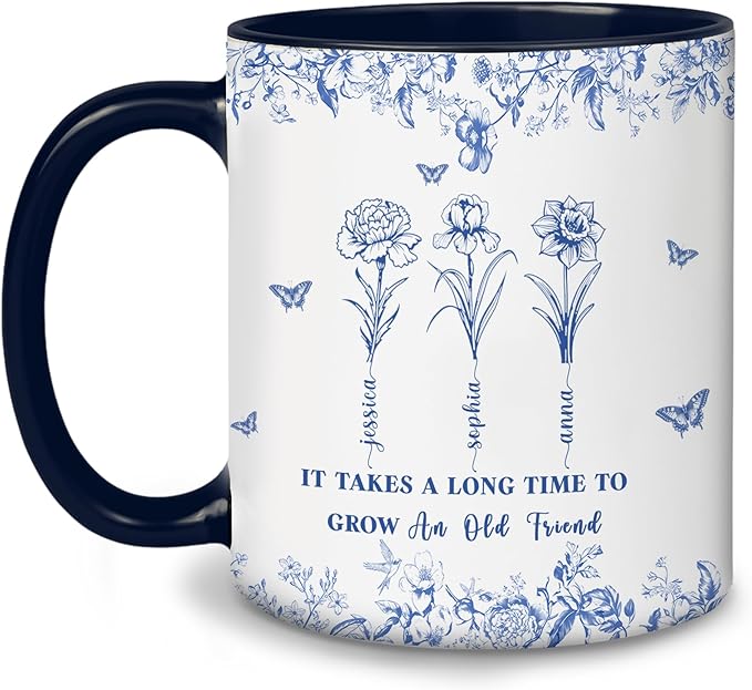 Personalized Best Friend Mug – Custom Name Floral Design, Birthday, Anniversary, Going Away Gifts for Best Friends, Chinoiserie Toile de Jouy Ceramic Mug
