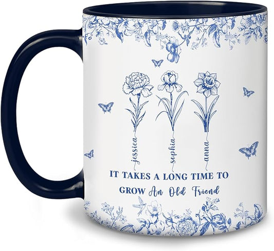 Personalized Best Friend Mug – Custom Name Floral Design, Birthday, Anniversary, Going Away Gifts for Best Friends, Chinoiserie Toile de Jouy Ceramic Mug