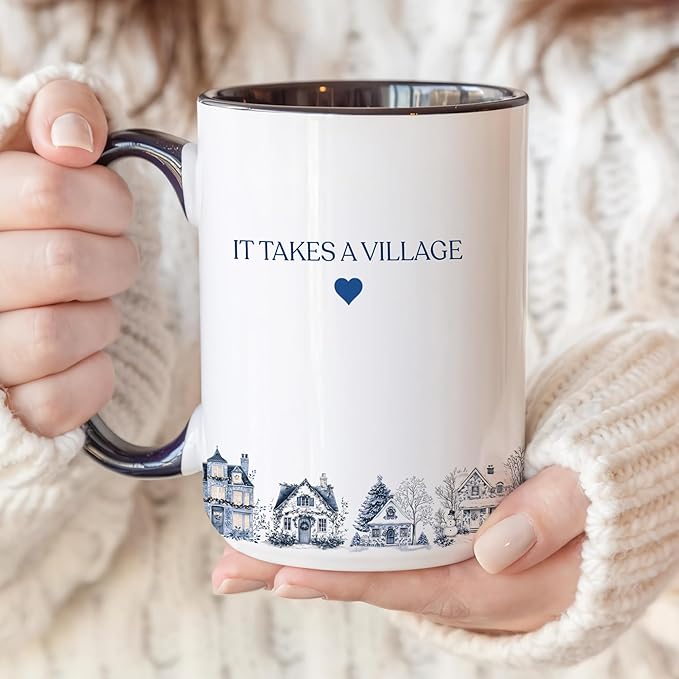 Personalized Toile De Jouy It Takes a Village Thank You Mug – Custom Name Ceramic Coffee Cup – Unique Appreciation Gift for Teacher, Nanny, Babysitter, Coach, Mentor, or Friend