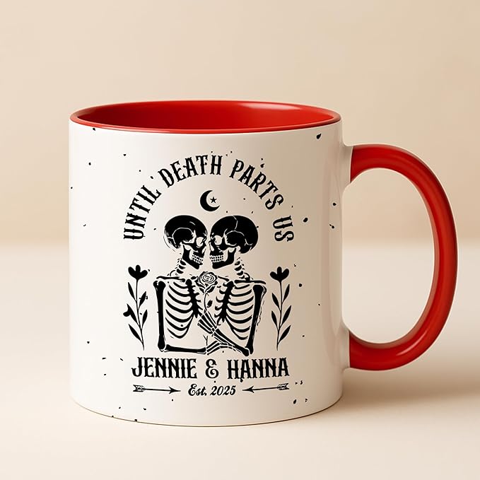Personalized Skeleton Couple Halloween Mug - “Until Death Parts Us” Gothic Coffee Mug - Custom LGBTQ+ Wedding or Anniversary, Gift for Wives, Girlfriends, or Spooky Soulmates