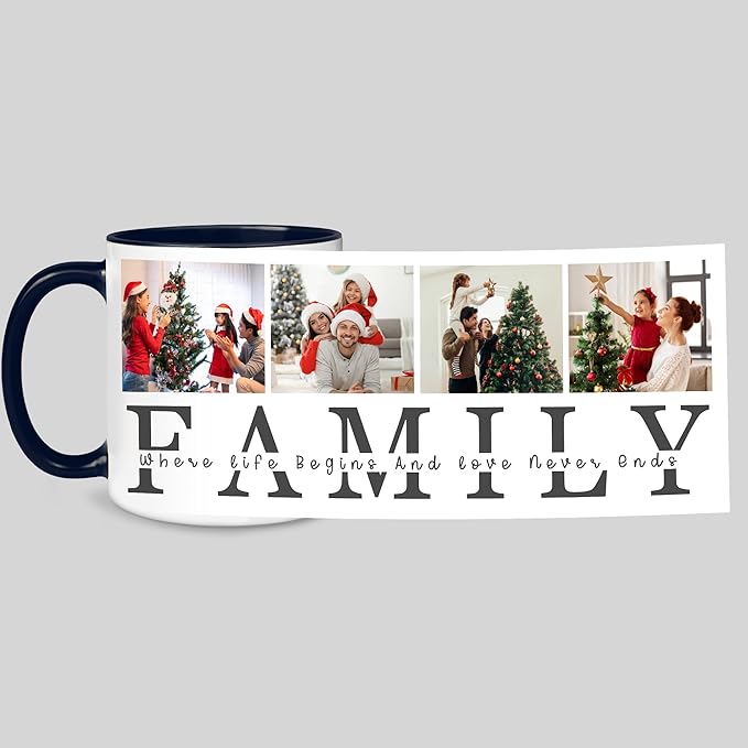 Personalized Funny Christmas Hot Cocoa Mug – Santa Gift, Unique White Elephant Exchange Present – Custom Family Photo Coffee Cup with Quote “Where Life Begins and Love Never Ends”