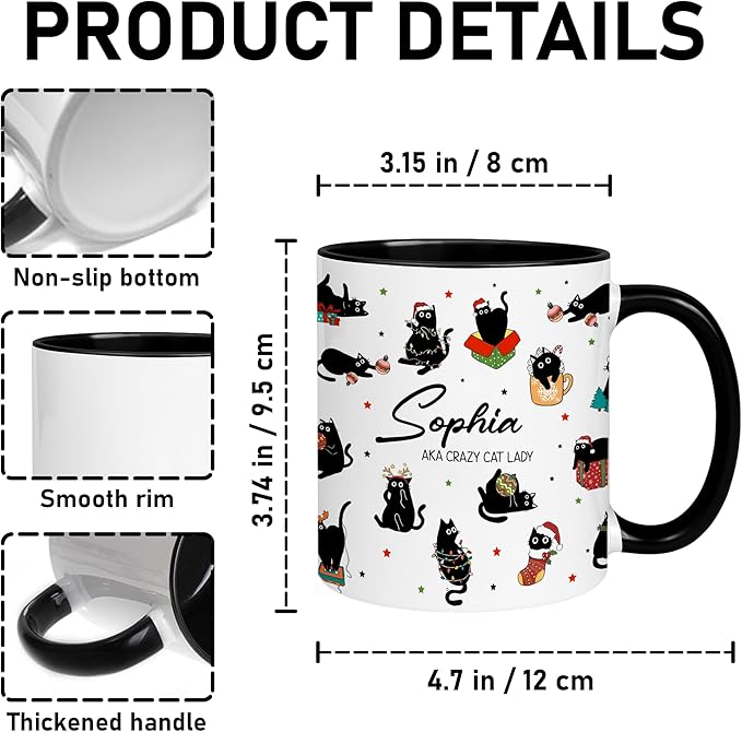 Personalized Cat Coffee Mug - Funny Black Cup - Christmas Birthday Anniversary Graduation Gift For Mom From Daughter - Cute Tea Mug For Women Cat Lover Present