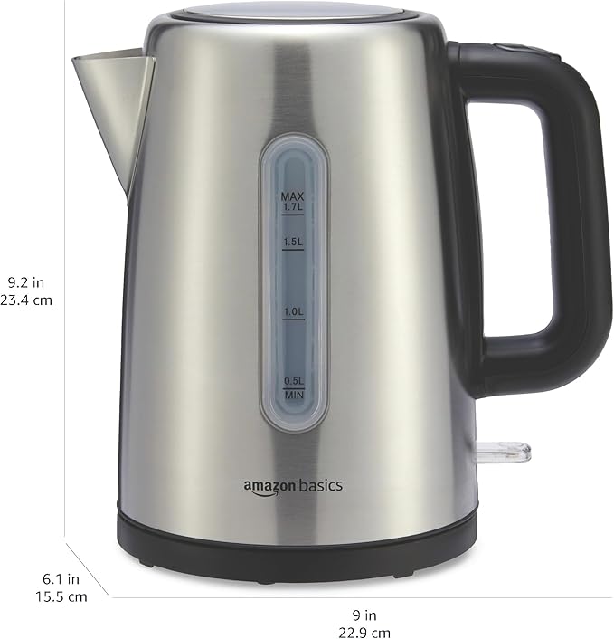 Amazon Basics Electric Stainless Steel Kettle for Tea and Coffee, BPA-Free, Fast Boiling, Auto Shut-Off, 1.8 Quarts, 1500W, Black and Silver