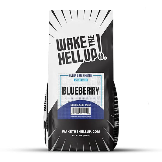 Wake The Hell Up! 1lb Ultra-Caffeinated Blueberry Whole Bean Coffee, Low Acid, Medium-Dark Roast