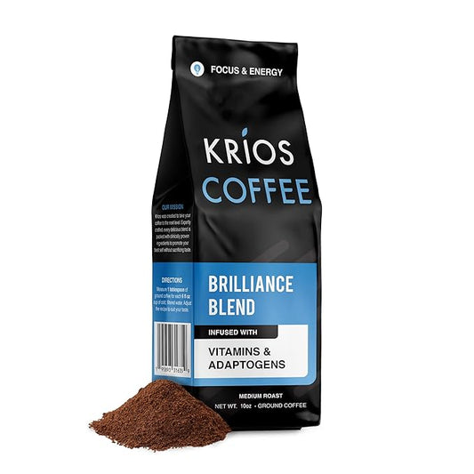 Krios Coffee Brilliance Ground Coffee, Enhance Energy & Focus with Essential Vitamins, L-Theanine & Rhodiola Rosea, Medium Roast, Smooth, 10 oz bag
