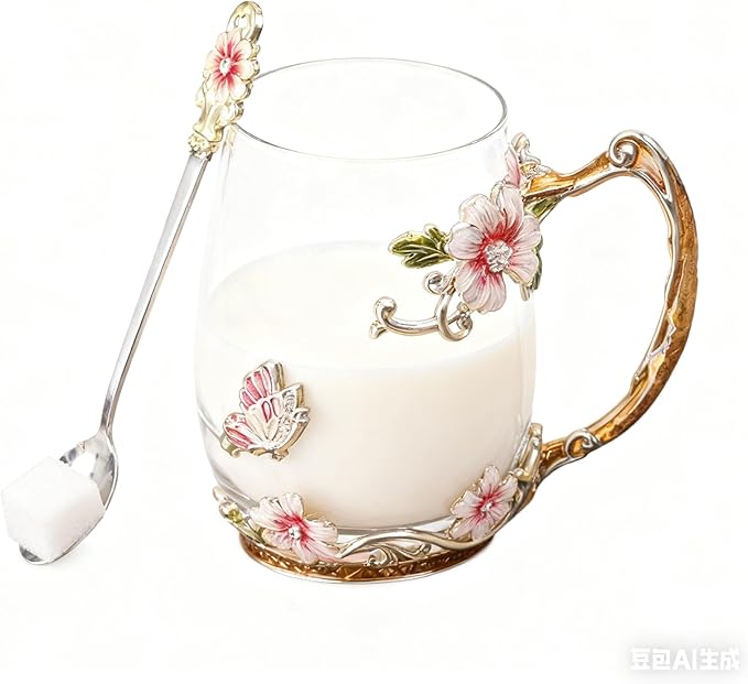 Handicraft Crystal Glass 3D Flower Cups Tea Mug With Tea Spoon Women Coffee, Tea, Juice, Beer, Milk Hot And Cold Drinks Use Gift Package. (Red-Tal)
