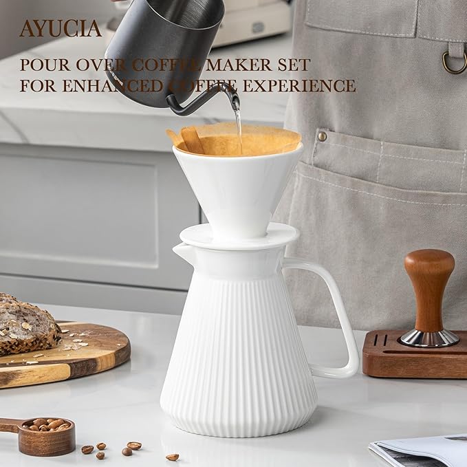 Pour Over Coffee Maker Set, V60 Ceramic Coffee Dripper with Pot Set, 22OZ White Cream Pour Over Coffee Brewer for Home Café Restaurant Camping