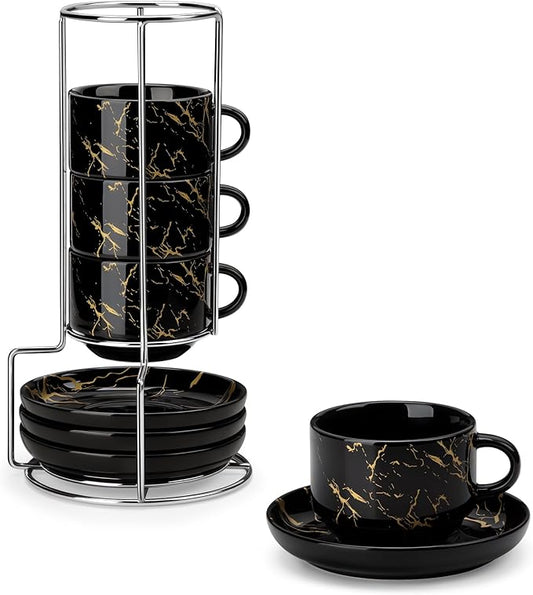 MALACASA 8 OZ Porcelain Espresso Cups with Saucers and Metal Stand Set of 4, Stackable Cappuccino Cups, Marble Black Expresso Shots Cup Set for Coffee Drinks, Latte, Tea