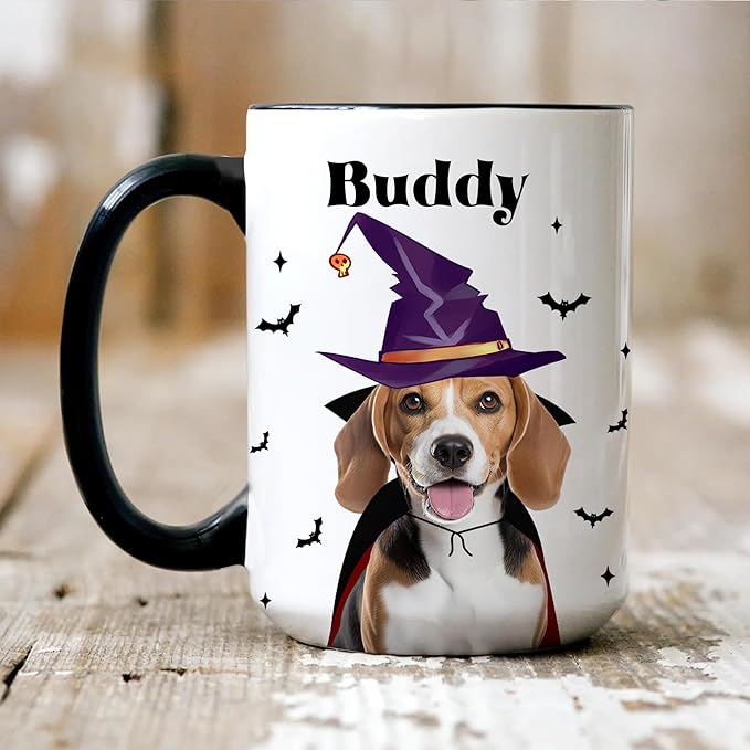 Personalized Halloween Dog Mug Custom Pet Photo Cup Halloween-Birthday-Christmas Gift For Dog Lovers From Pet Parents Add Name-Image Cute Witch Beagle Ceramic Coffee Mug
