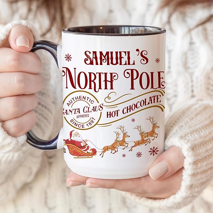 Personalized Funny Christmas Hot Cocoa Mug – Santa Gift, Unique White Elephant Exchange Present – Custom North Pole Hot Chocolate Ceramic Coffee Cup for Friends, Family, and Holiday Parties