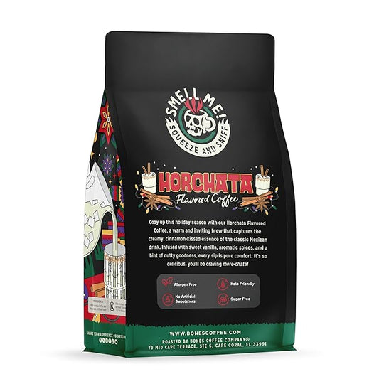 Bones Coffee Company Horchata Flavored Coffee, Medium Roast Low Acid Arabica Beans Compatible with Auto drip and French Press Coffee Maker, 12 Oz Ground
