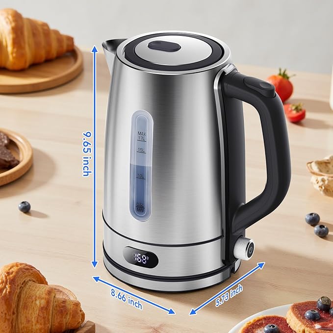 COWSAR Electric Kettle with Precise Temp Control - Hot Water Kettle 1.7L, 304 SS, Hidden Heater, Temp Display, One-Key Lid, Auto Off, Safety Guards, 360° Cordless Base