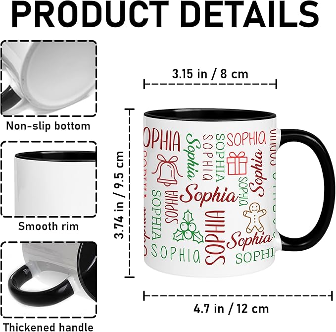 Personalized Funny Christmas Hot Cocoa Mug – Custom Holiday Coffee Cup with Festive Name Pattern – Santa Gift, Unique White Elephant Exchange Present, Gag Gift Ceramic Mug