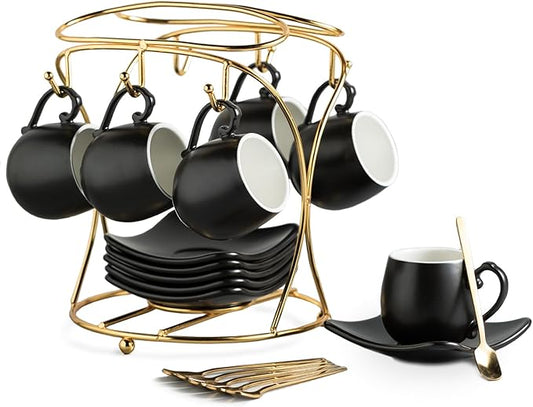 LYEOBOH Espresso Cups with Saucers Set, 3 Ounces Porcelain Coffee Cups with Metal Stand and Spoons, Cappuccino Cups Cute Demitasse Cups for Coffee Drinks, Latte, Tea Set of 6, Black