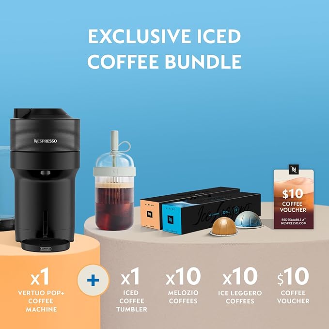 Nespresso Vertuo Pop+ Cold Value Added Bundle with Iced Coffee Tumbler by De'Longhi, Liquorice Black