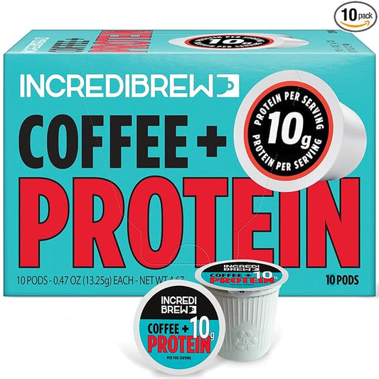 Incredibrew Coffee Keto Friendly with No Sugar; Medium-Dark Roast, Recyclable Pods, 10 Count Pods (10 Pods, Protein)
