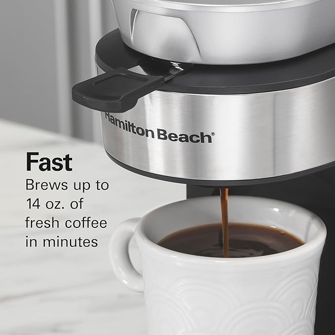 Hamilton Beach The Scoop Single Serve Coffee Maker & Fast Grounds Brewer for 8-14oz. Cups, Brews in Minutes, 40oz. Removable Reservoir, Stainless Steel (49987),Silver