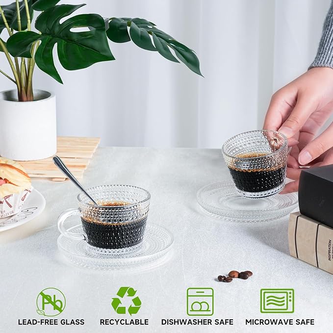 Glass Espresso Shot Cups with Saucers Set of 6, Clear Small Demitasse Cup with Stainless Steel Spoons, Dishwasher Safe Coffee Mugs for Tea Hot Chocolate Cappuccino, 5OZ/150ML, Raindrop