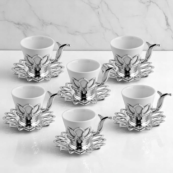 Alisveristime (Set of 6 Turkish Coffee Set with Porcelain Cups, Zamac Holders & Saucers – 80ml Capacity, Ottoman Motif, 4 Color Options (Silver)