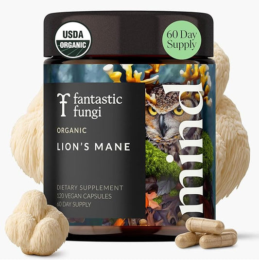 Lions Mane Supplement Capsules, Lion's Mane Mushroom Supplement for Memory, Focus & Mood support, Adaptogen Functional Mushrooms Extract - 100% USDA Organic, Vegan- Glass Jar, 120 Caps, 2 Month Supply