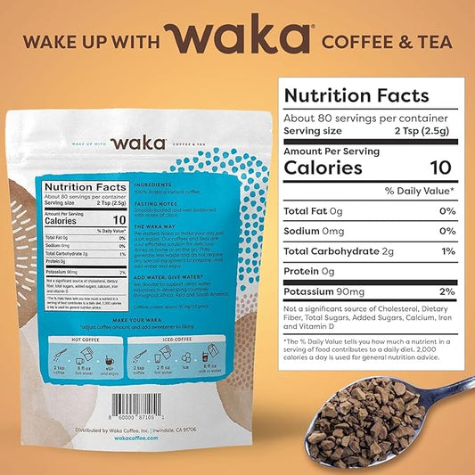 Waka Instant Coffee, Medium Roast - 100% Arabica Colombian Beans, Freeze Dried Granules, No Sugar or Additives - Bulk Bag for Quick Hot and Iced Coffees, Up to 35 Cups (3.5oz)