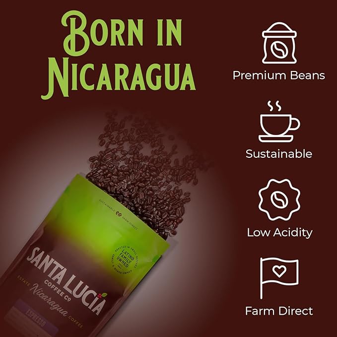 Santa Lucia Coffee Café Crema Espresso Roast Coffee - Specialty Volcanic Nicaraguan Espresso Roast - Farm-Direct, Low-Acid - Dense Golden Crema - 91-Point, Small-Batch - Ground - 16oz (Pack of 1)