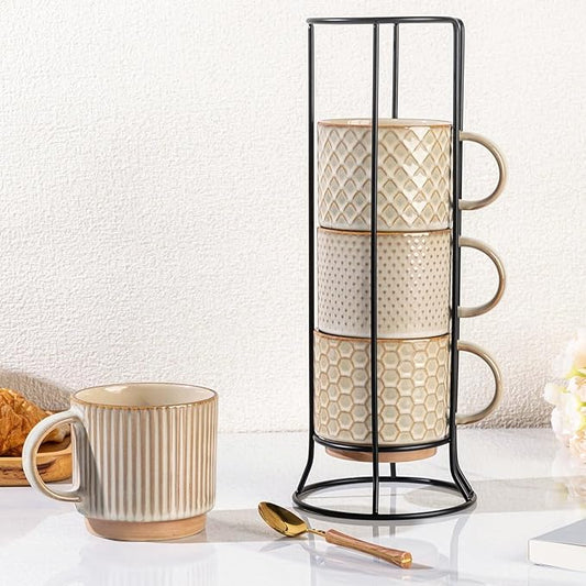 GBHOME 12OZ Stackable Coffee Mugs with Stand, Ceramic Coffee Mugs with Texture Patterns for Man,Woman,Dad,Mom, Modern Coffee Cups Set of 4 for Latte/Cappuccino/Cocoa. Dishwasher&Microwave Safe