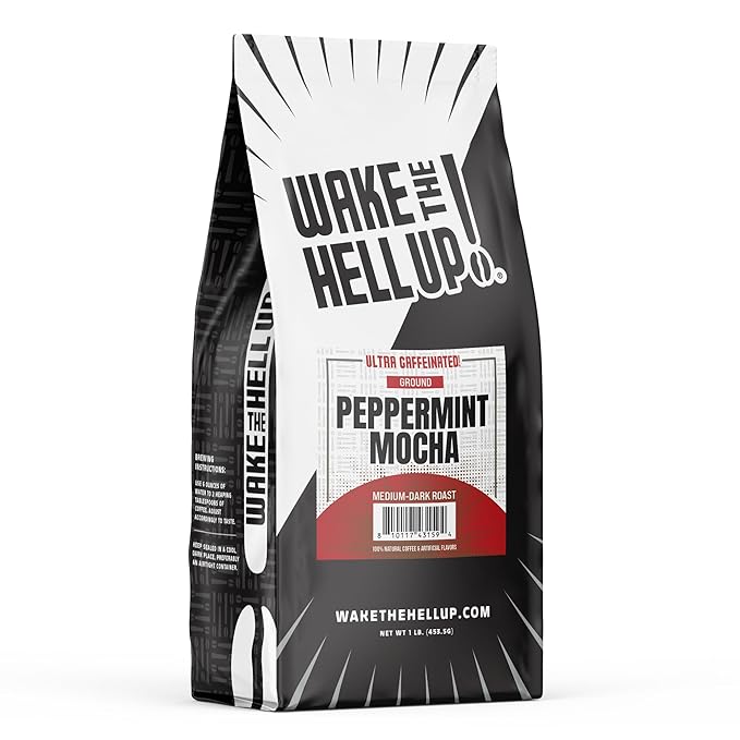 Wake The Hell Up! 1lb Ultra-Caffeinated Peppermint Mocha Ground Coffee, Low Acid, Medium-Dark Roast
