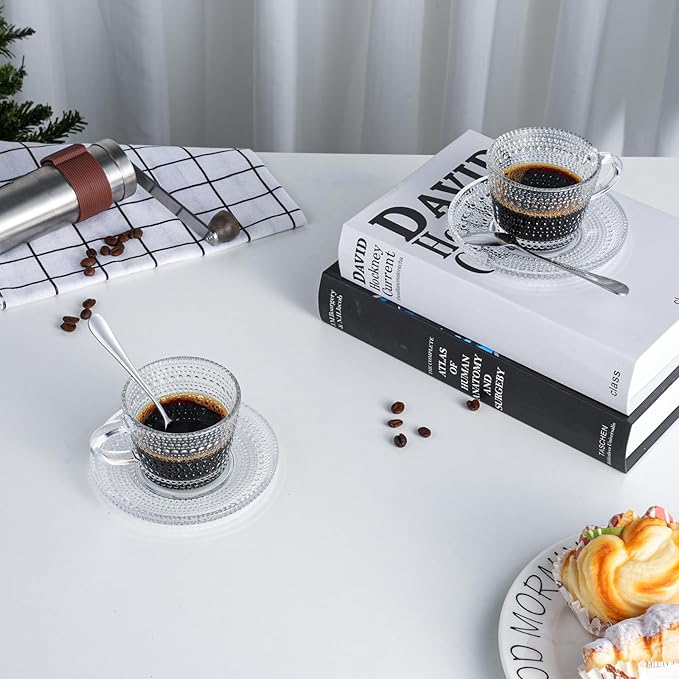 Glass Espresso Shot Cups with Saucers Set of 6, Clear Small Demitasse Cup with Stainless Steel Spoons, Dishwasher Safe Coffee Mugs for Tea Hot Chocolate Cappuccino, 5OZ/150ML, Raindrop