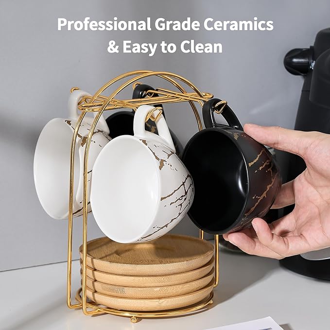 LUKA Ceramic Demitasse Espresso Cups Set with Saucers and Metal Stand, 8 oz Porcelain Stackable Cappuccino Cups Teacup For Tea, Espresso, Latte, Coffee, Cafe Mocha, Set of 4, White & Black