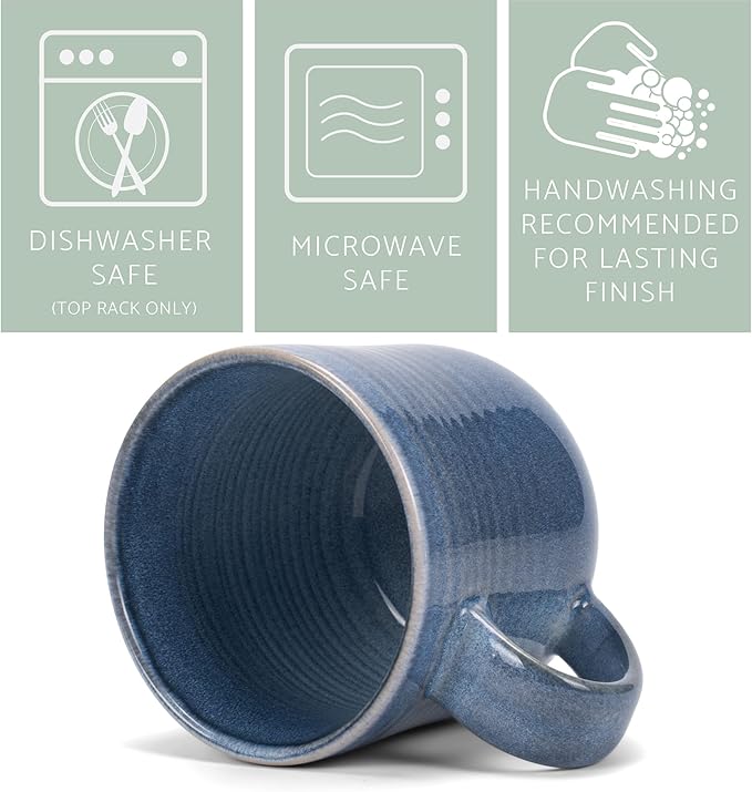 Elanze Designs Glossy Reactive Glaze Large 17 Fluid Ounce Everyday Kitchen Food Grade Ceramic Stoneware Coffee Mug Cup with Comfort Curved Handles, Set of 4, Cobalt Blue
