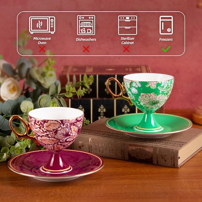 KAMMAK Ceramic Coffee Cups and Saucers Set of 2, Porcelain Espresso Cups with Saucers, 7.7 oz Handcrafted Ceramic Floral Coffee and Tea Cup, Vintage Drinkware for Tea Party, Office, Women Gifts