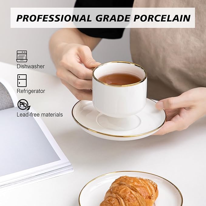 Tea Cups and Saucers with Gold Trim, 6.76 Ounce White Porcelain Tea Set & Coffee Cups for Latte, Cafe Mocha, Tea-Set of 4,Porcelain Mugs for Kitchen or Cafe(white and gold)