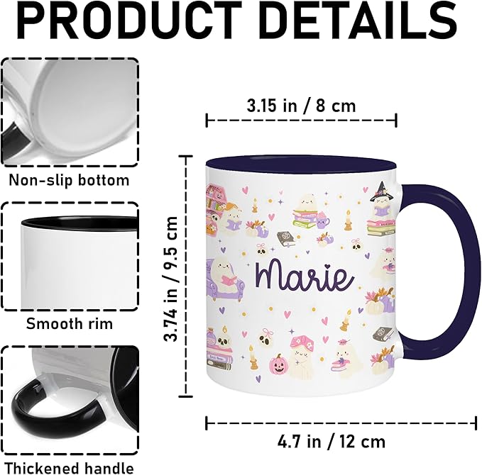 Halloween Book Lover Coffee Mug – Cute Ghost Cup with Name – Fall Coffee Mug for Women, Christmas Birthday Present, or Unique Bookish Gift for Readers – Personalized Reading Lover Cup