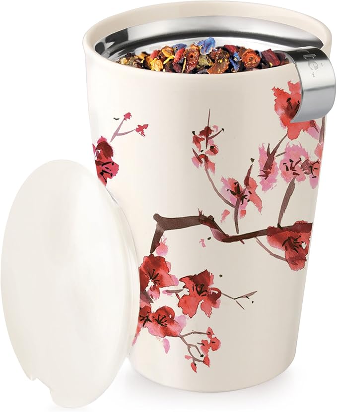 Tea Forte Double-Walled Ceramic Kati Cup, Removable Stainless Steel Infuser Basket and Lid, Steeps 12 oz Loose Leaf Tea, Dishwasher & Microwave Safe, Cherry Blossom