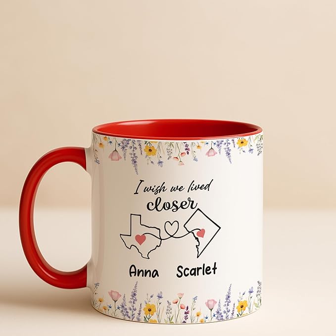 Personalized Friend Mug - Long Distance Best Friend Birthday Gifts - Birthday Wedding Gift For Women - Custom Names States - Floral Design - Thoughtful Coffee Cup