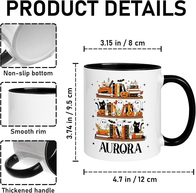 Personalized Halloween Book Lover Coffee Mug – Custom Cute Ghost and Black Cat Cup with Pumpkin Bookshelf Design – Fall Coffee Mug for Women, Spooky Bookish Gift for Readers