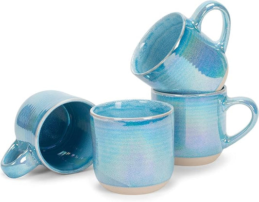 Elanze Designs Glossy Reactive Glaze Large 17 Fluid Ounce Everyday Kitchen Food Grade Ceramic Stoneware Coffee Mug Cup with Comfort Curved Handles, Set of 4, Blue