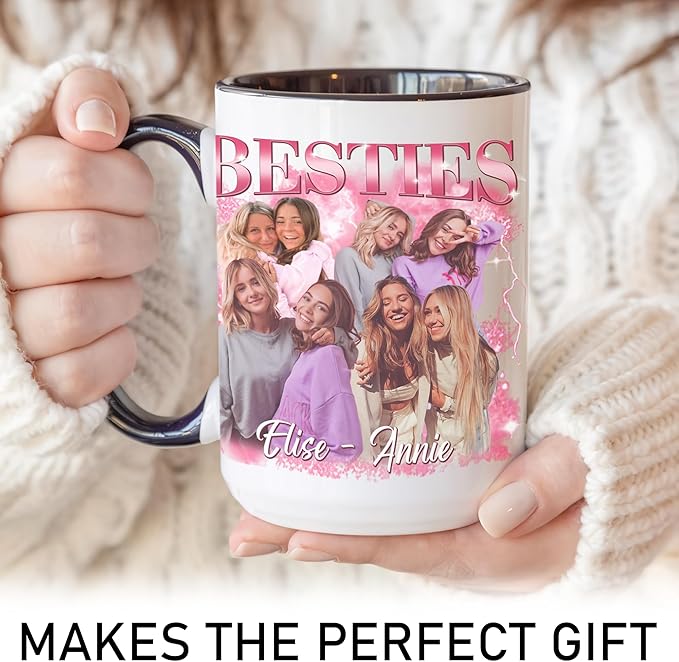 Personalized Besties Mug - Custom Photo Mug For Women - Birthday Going Away Gift For Best Friend Group - Add Group Picture - Pink Themed Friendship Coffee Cup