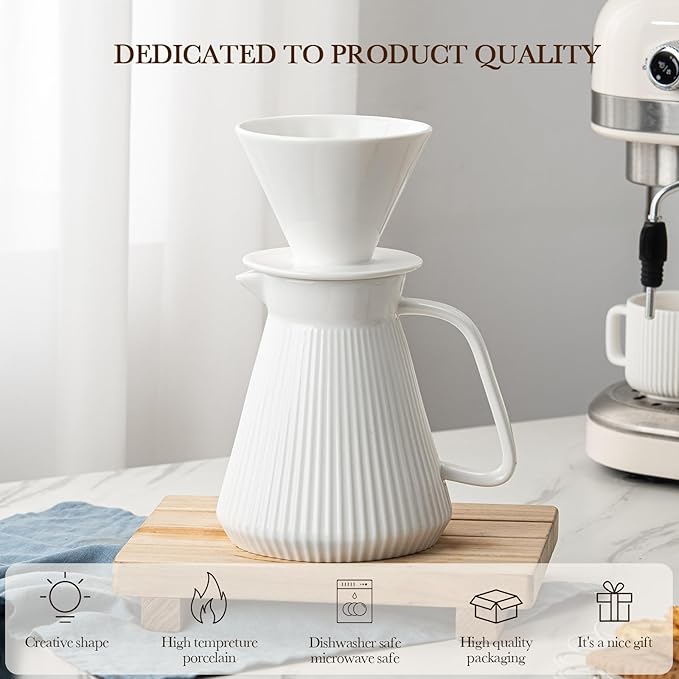 Pour Over Coffee Maker Set, V60 Ceramic Coffee Dripper with Pot Set, 22OZ White Cream Pour Over Coffee Brewer for Home Café Restaurant Camping