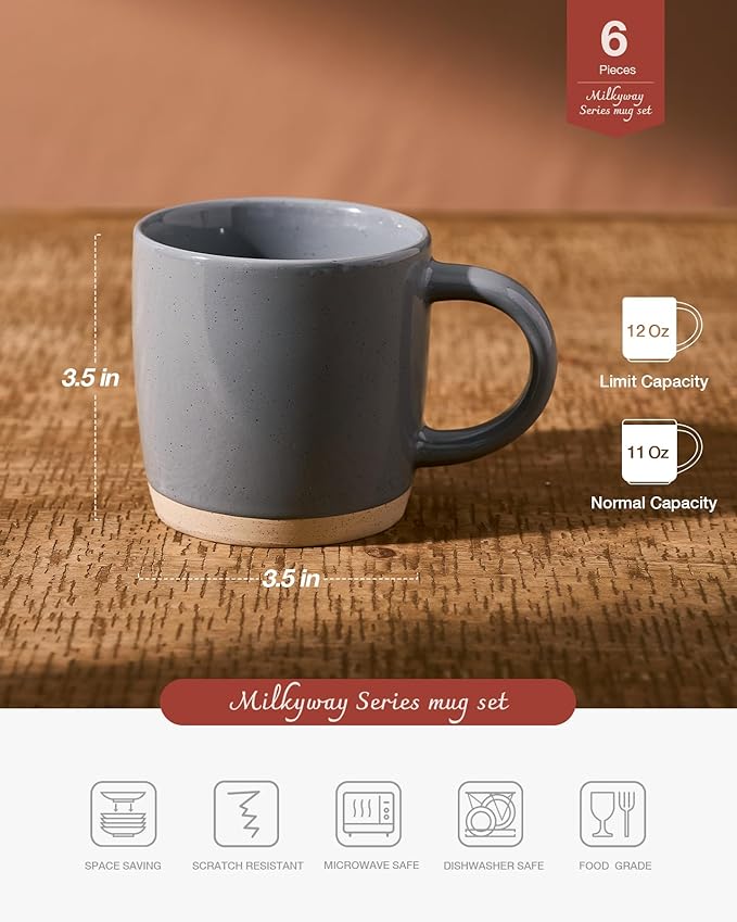 famiware Coffee Mugs for 6, 12 oz Mug Set, Dringking Cup with Handle for Coffee, Tea, Cocoa, Milk, Milkyway serise, Dark Gray