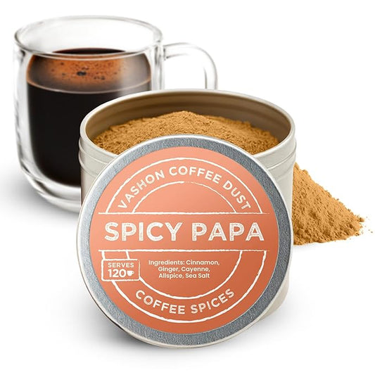 Coffee Dust Flavoring Powder, Spicy Papa (120 Servings) – All Natural Coffee Syrup Alternative - Adds Flavor, Aroma, Taste & Wellness to Drinks, Tea & Foods