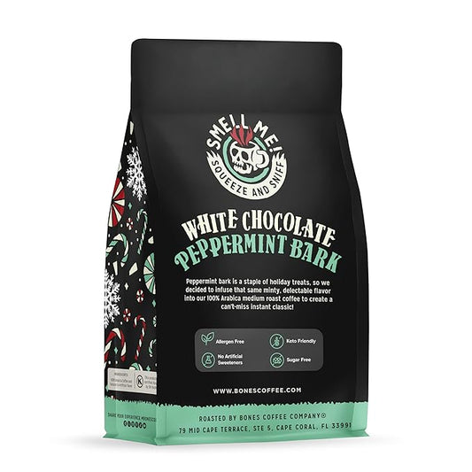Bones Coffee Company White Chocolate Peppermint Bark Flavored Coffee, Medium Roast Low Acid Arabica Beans Compatible with Auto drip and French Press Coffee Maker, 12 Oz Whole Bean