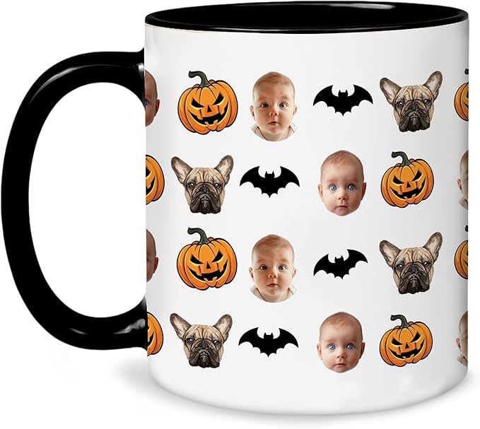 Personalized Halloween Mug with Baby & Dog Faces - Custom Photo Collage Coffee Mug with Pumpkins & Bats - Funny Halloween, Birthday Gift for Pet Lovers, Parents, Grandparents, or Kids
