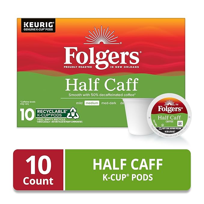 Folgers Half Caff Coffee, Medium Roast, Keurig K-Cup Pods, 10 Count