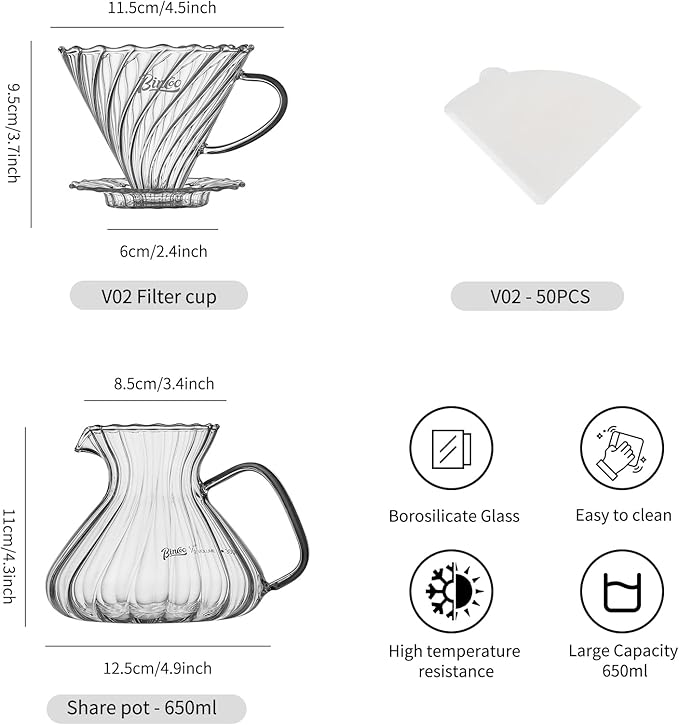 Bincoo Pour Over Coffee Maker Set,650ML Borosilicate Glass Carafe with Coffee Driper&50pcs Paper Filter,Glass Coffee Maker for Home Café Restaurant(Transparent)