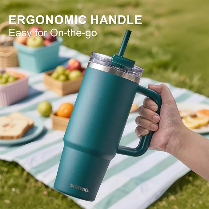 SUNWILL Travel Coffee Mug with Lid, 30 oz Tumbler with Handle and Straw Leak Proof, Stainless Steel Cup Insulated for Office & Camping, Cupholder Friendly, Powder Coated Deep Teal
