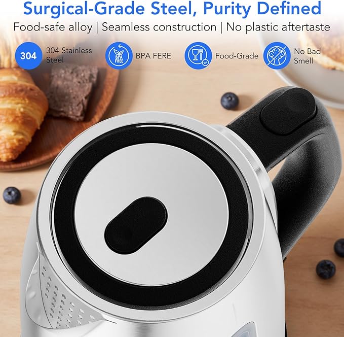 COWSAR Electric Kettle with Precise Temp Control - Hot Water Kettle 1.7L, 304 SS, Hidden Heater, Temp Display, One-Key Lid, Auto Off, Safety Guards, 360° Cordless Base