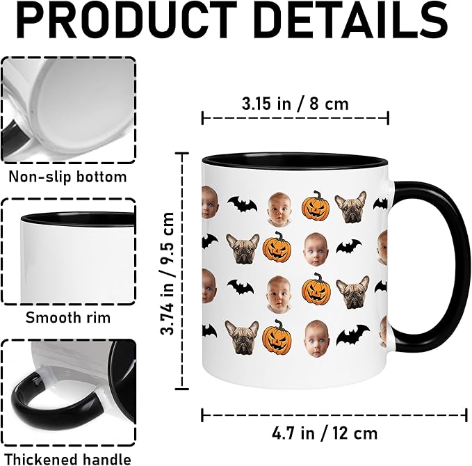 Personalized Halloween Mug with Baby & Dog Faces - Custom Photo Collage Coffee Mug with Pumpkins & Bats - Funny Halloween, Birthday Gift for Pet Lovers, Parents, Grandparents, or Kids