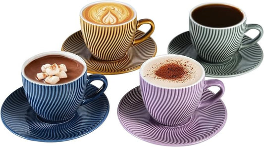 Yundu 8 oz Ceramics Cup & Saucer Sets of 4, Cappuccino Cup, Espresso Cups, Tea Cups and Saucers, Perfect for Coffee or Matcha and Latte (Set of 4 colors)